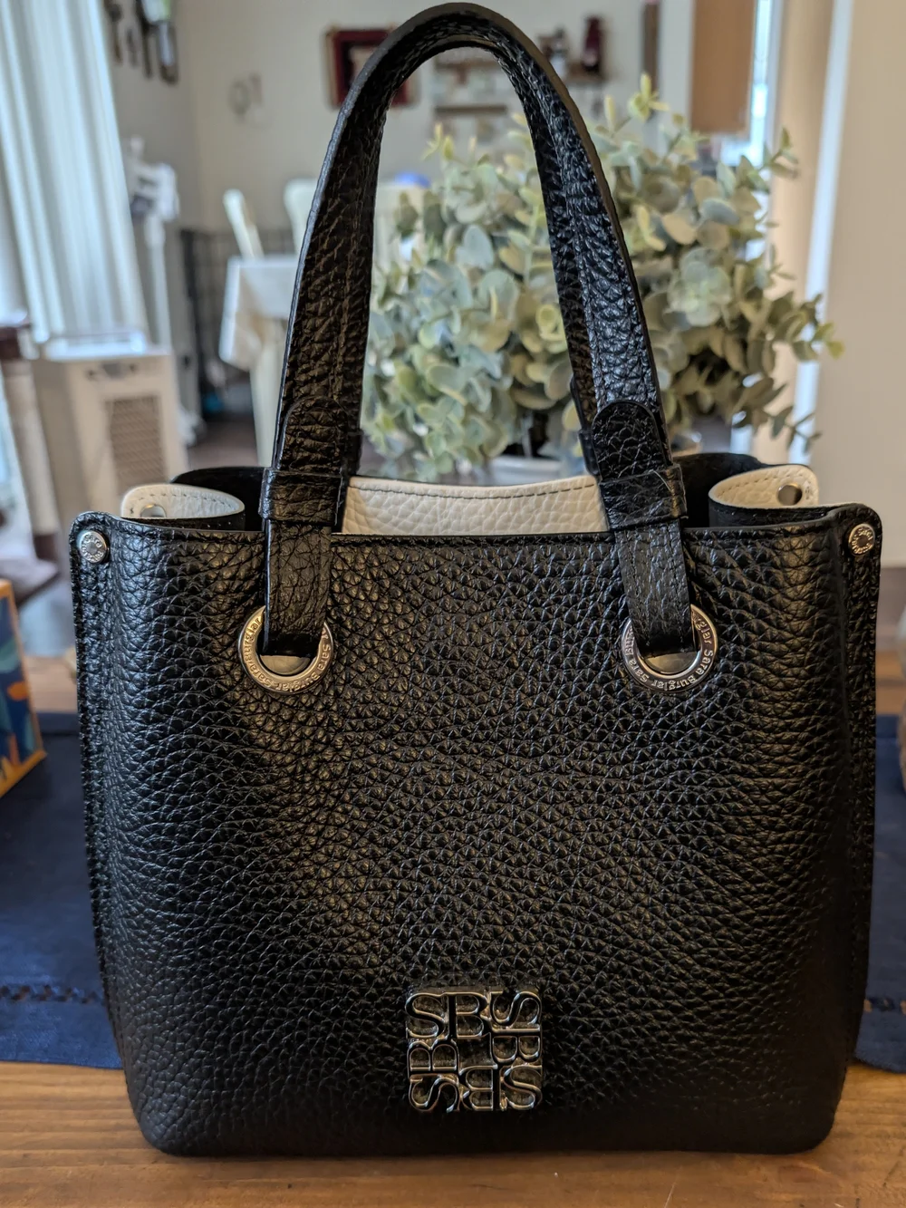 Black Leather Tote with Contrasting White Trim